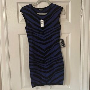 NWT Express Blue and Black Bodycon Mini Dress with Cap Sleeves SIZE small